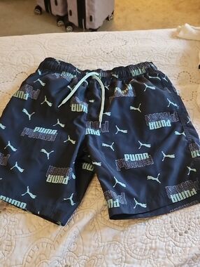 Puma Navy Blue Swim Shorts with Aqua Logo Print